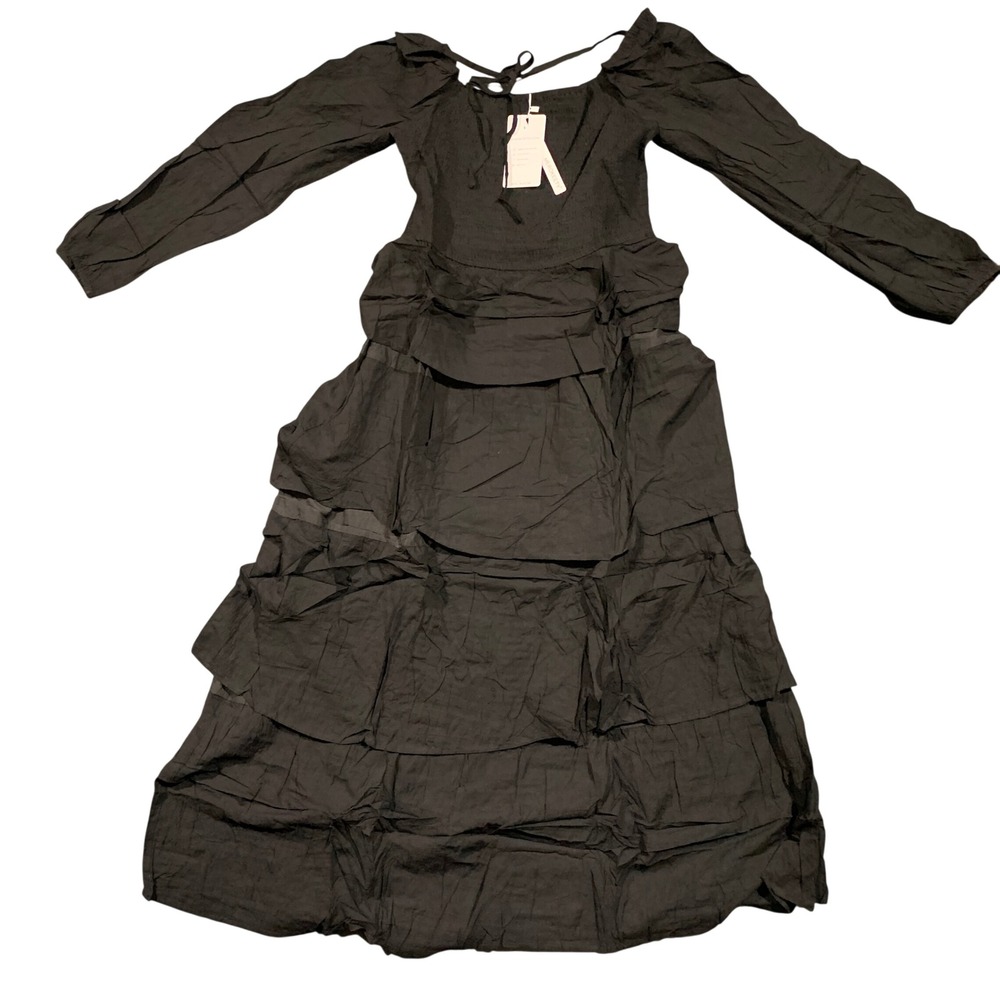 New MEROKEETY Wome's M Black Tiered Ruffle Long Sleeve Square‎ Neck Dress